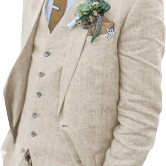 Stylish Retro Linen 3-Piece Suit - Ideal for Summer Weddings & Events - Beige - Picture 1 of 7